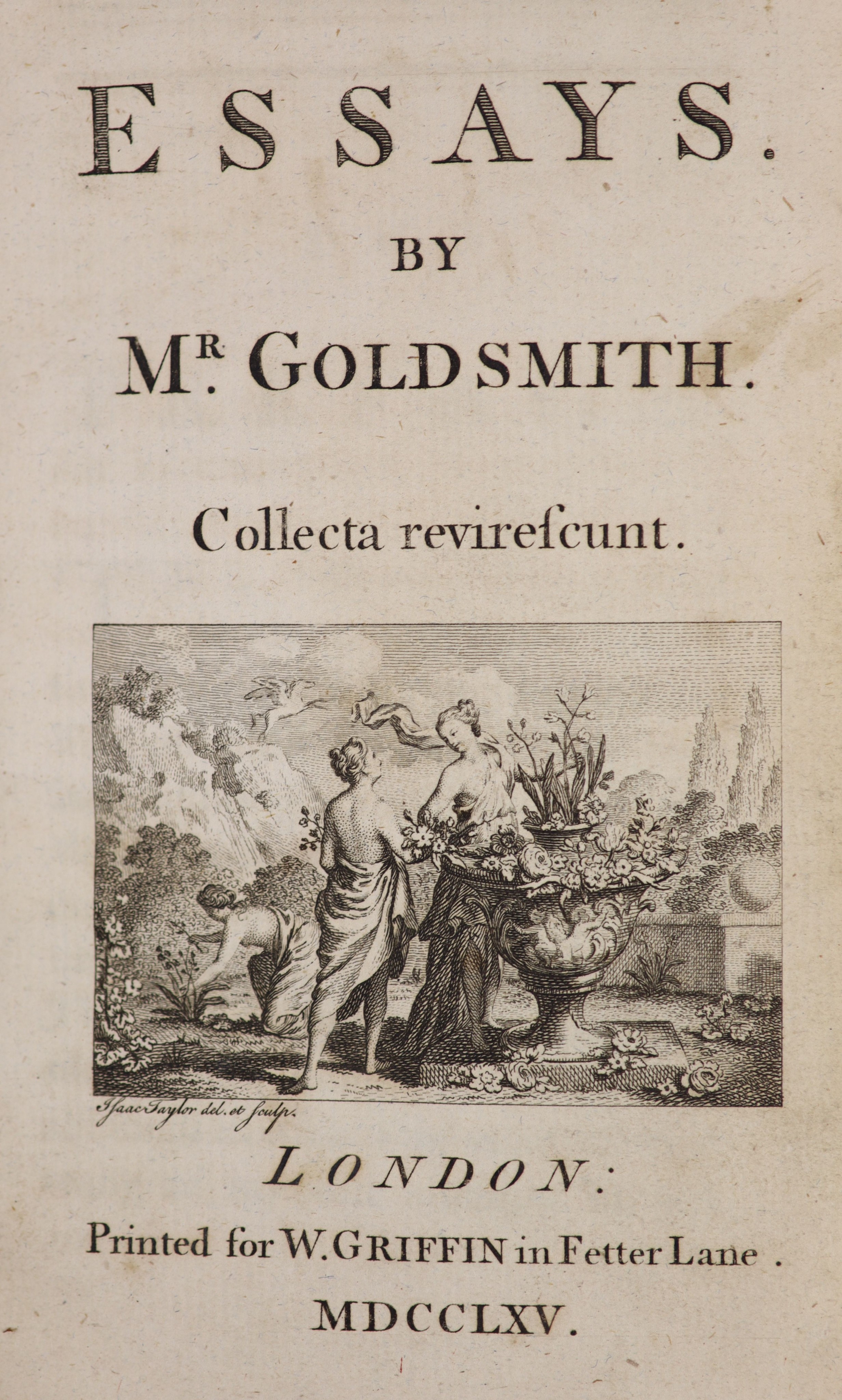 Goldsmith, Mr. Oliver - Essays. Collecta revirescunt. 1st edition with engraved title page vignette. Half calf and old marbled boards, gilt panelled spine. W. Griffin, London, 1765.